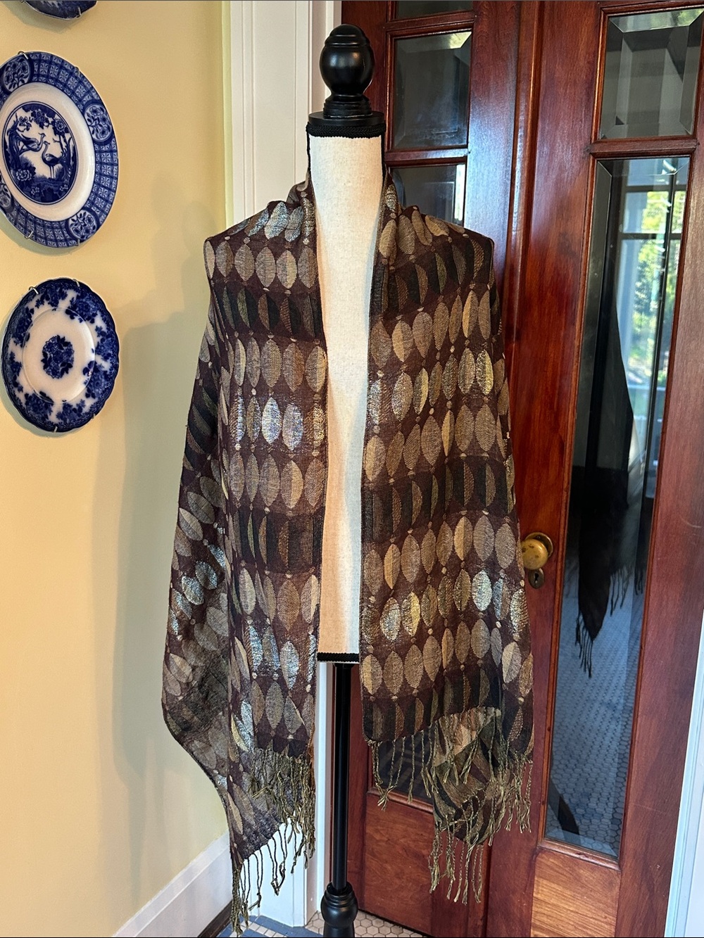 Vintage Boho Brown & Metallic Gold Leaf Pattern Fringed Scarf/Shawl